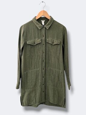 Forever 21 Tunic Shirt Small Green Muslin Utility Pockets Button Down